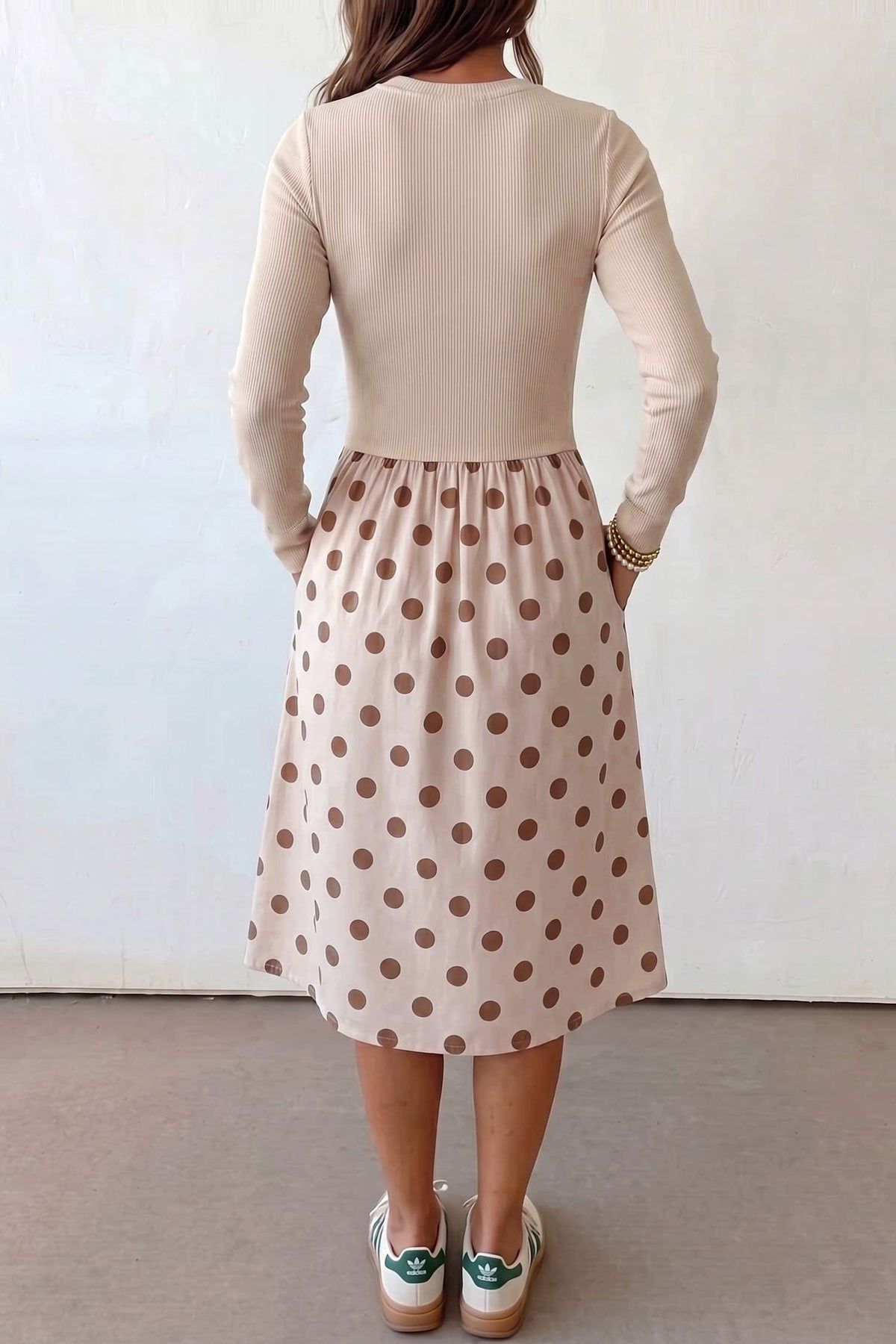 Beige Polka Dot Midi Long Sleeve Dress