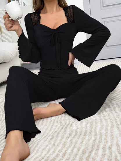 Lace Detail Flare Sleeves Top and Pants Lounge Set