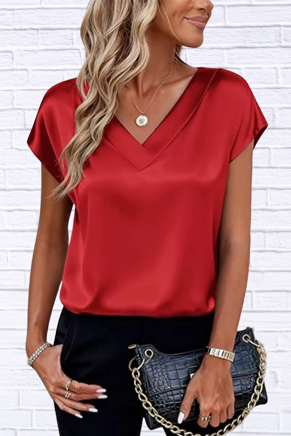 Satin V-Neck Short Sleeve Blouse