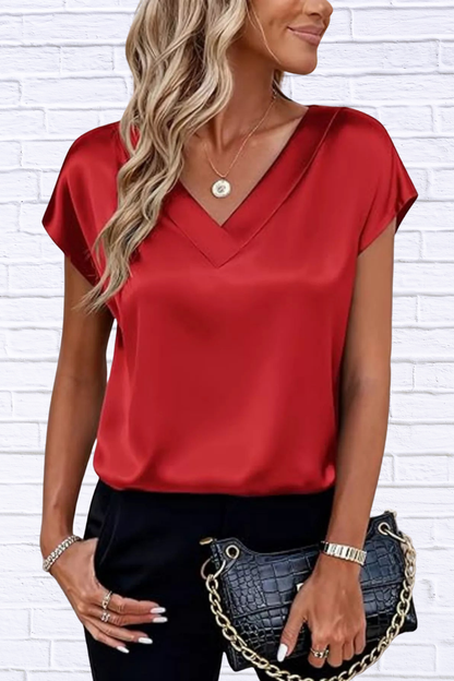 Satin V-Neck Short Sleeve Blouse