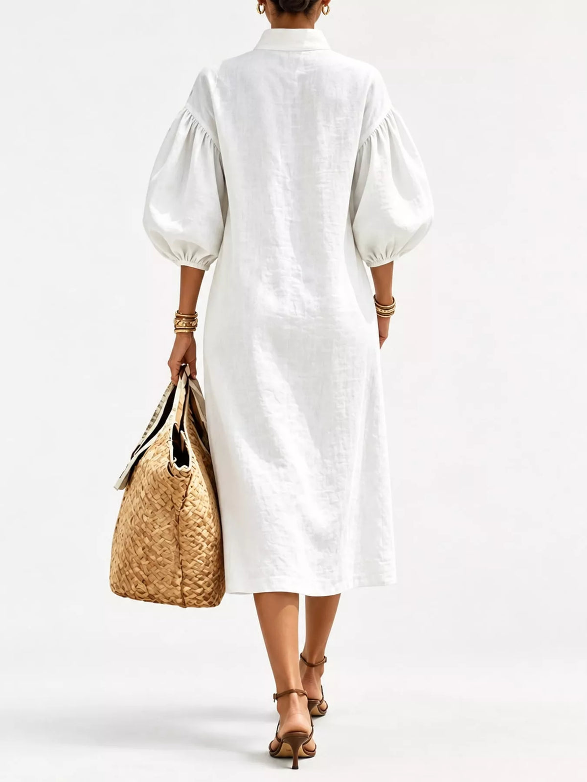 Half-Zip Puff Sleeve Midi Dress