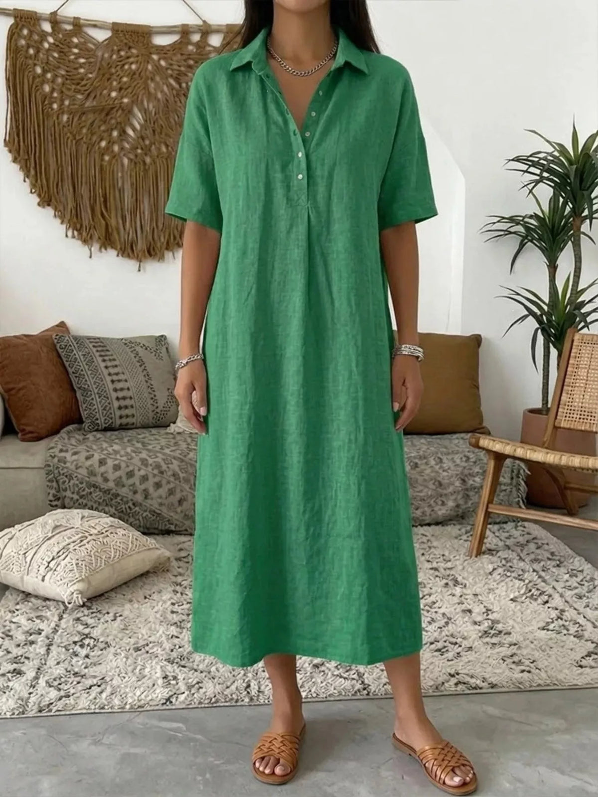 Full Size Button Detail Short Sleeve Midi Shirt Dress Plus Size
