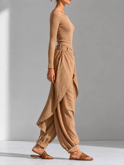 Boat Neck Long-Sleeve Top and Wrap Wide-Leg Pant Set