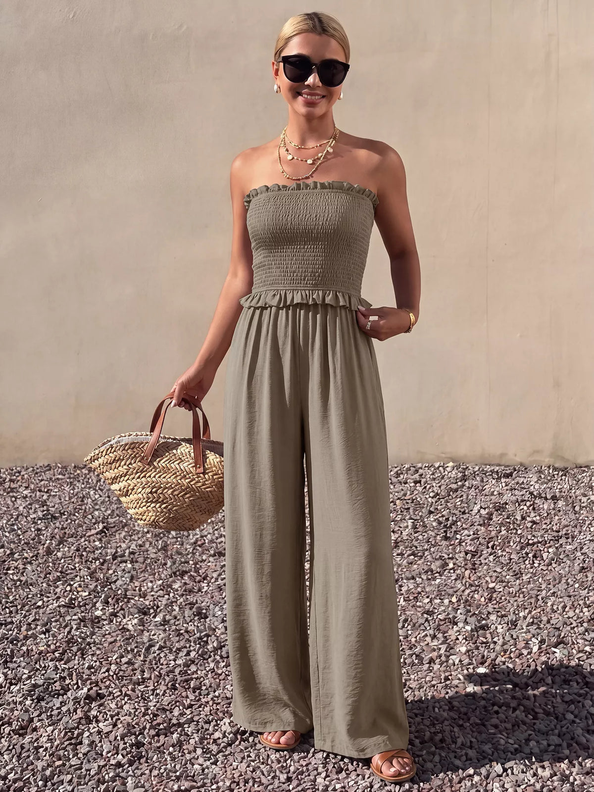 Smocked Strapless Wide Leg Jumpsuit
