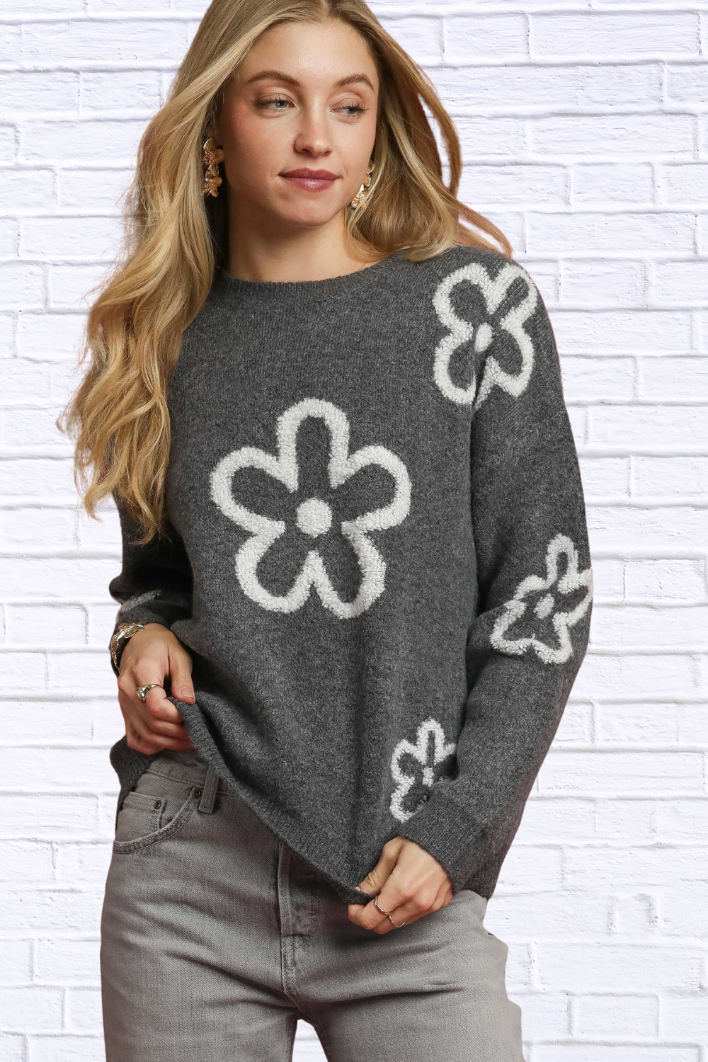 Charcoal Round Neck Sweater with Floral Accents CHARCOAL