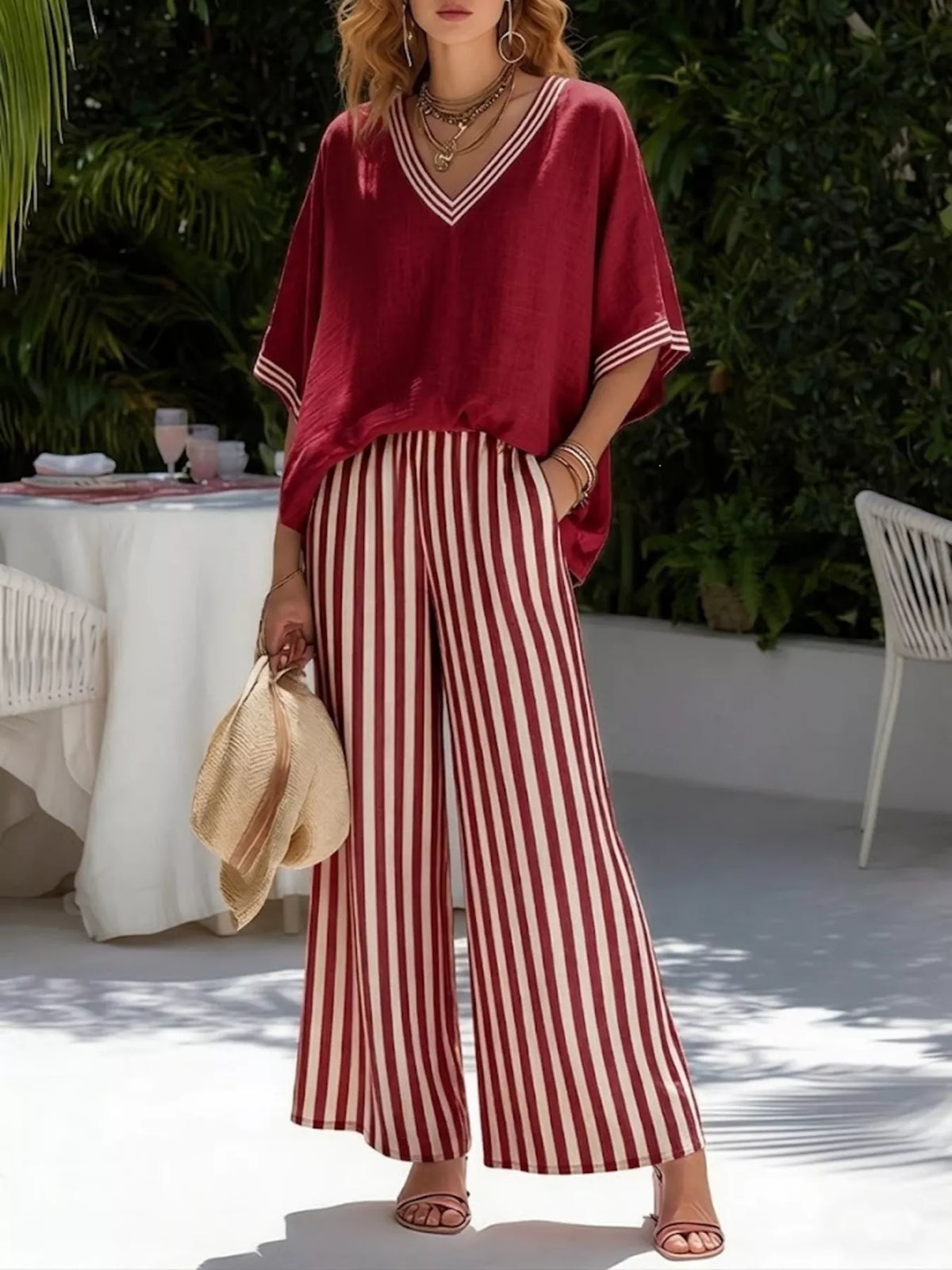 Striped Two-Piece Pants Set with V-Neck Top | S–3XL