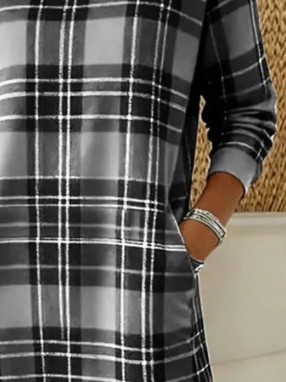 Full Size Plaid Long Sleeve Crew Neck Dress with Pockets Plus Size