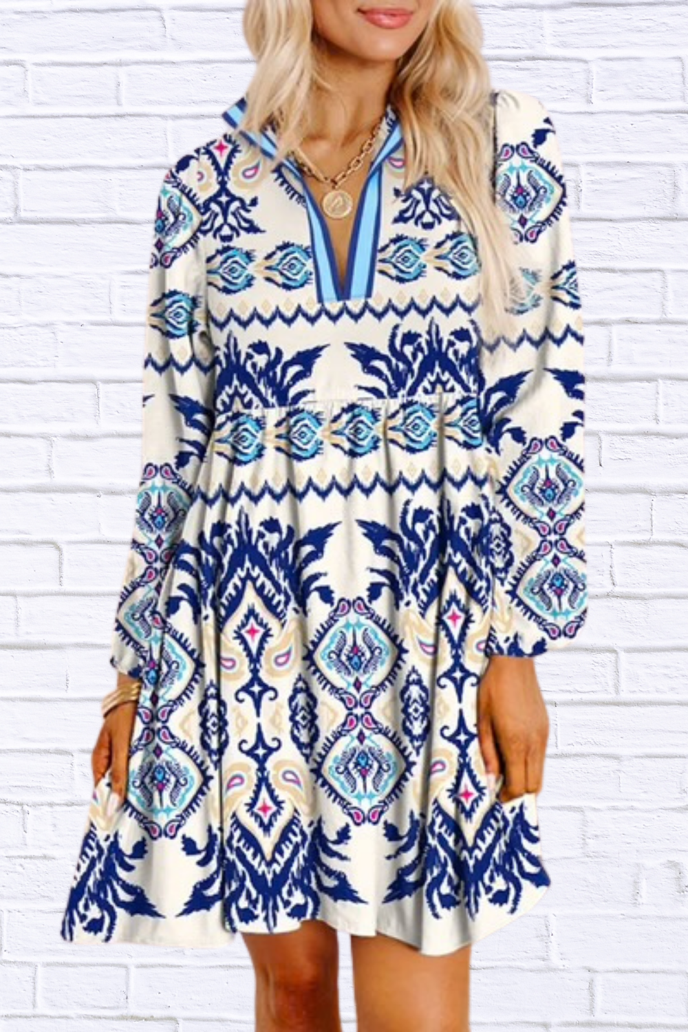 Blue Ethnic Print Striped Split Neck Mini Dress Blue M