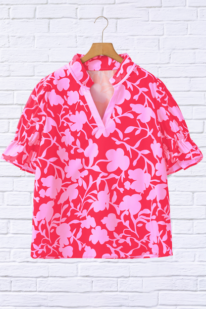 Floral Split V-Neck Ruffled Short Sleeve Blouse – Pink on Pink