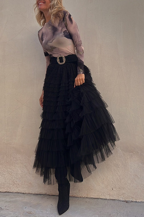 Ruffle Layered Mesh A-line Maxi Skirt