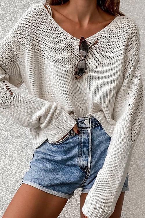 Drop Shoulder Crochet Knit Sweater Beige