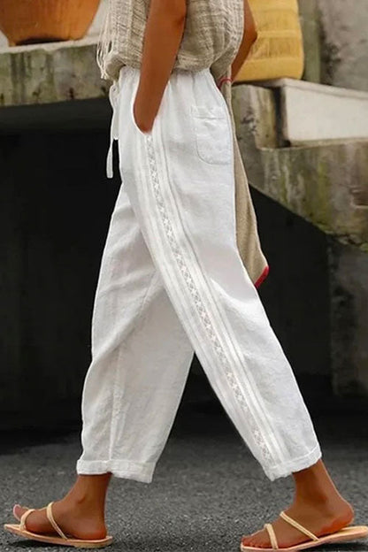 Drawstring Elastic Waist Cotton Linen Tapered Pants White