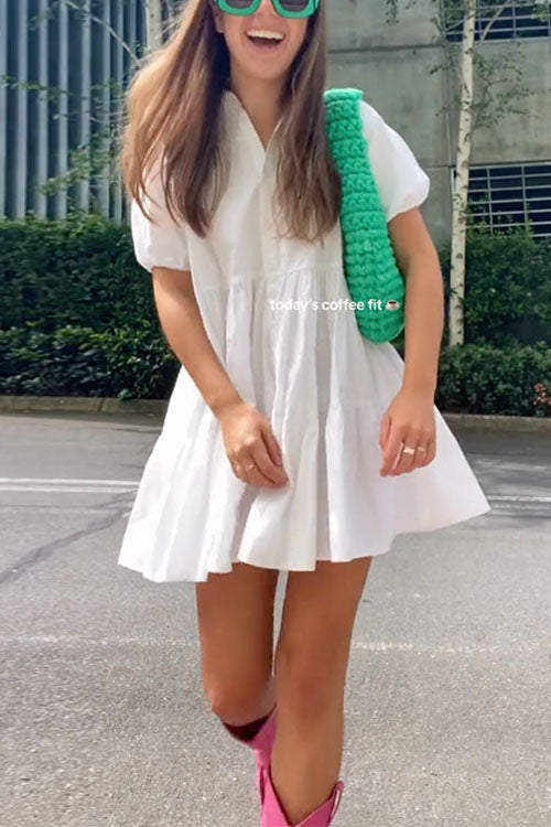 Puff Sleeves Button Down Ruffle Tiered Mini Shirt Dress