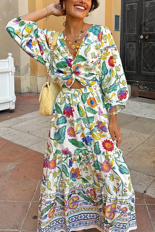 3/4 Sleeves Twist Front Floral Print Tiered Maxi Dress Floral