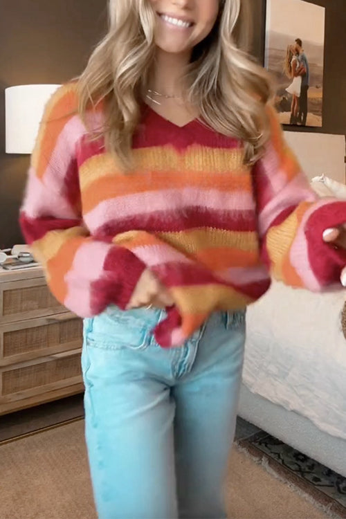 V Neck Rainbow Striped Casual Pullover Sweater