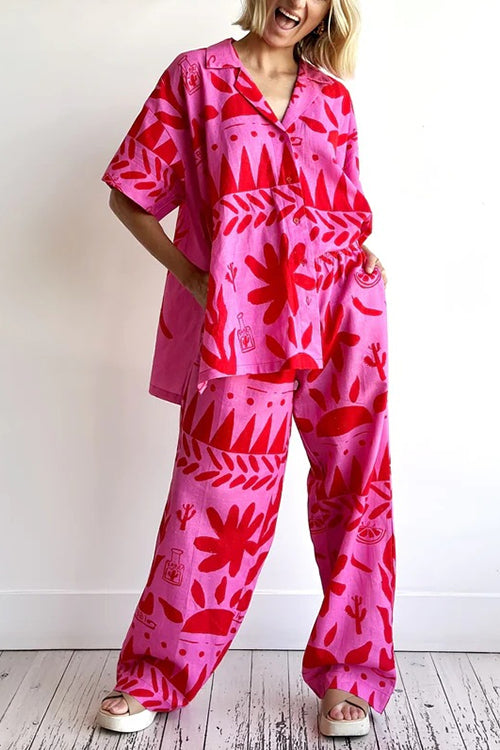 Unique Print Short Sleeves Blouse Shirt Elastic Waist Wide Leg Pants Set HotPink
