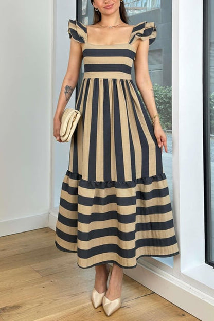 Square Neck Ruffle Sleeves Striped Maxi Dress Apricot