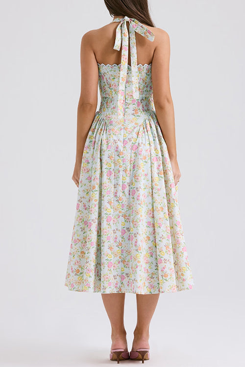 Halter Ruched Waist A-line Printed Midi Sundress