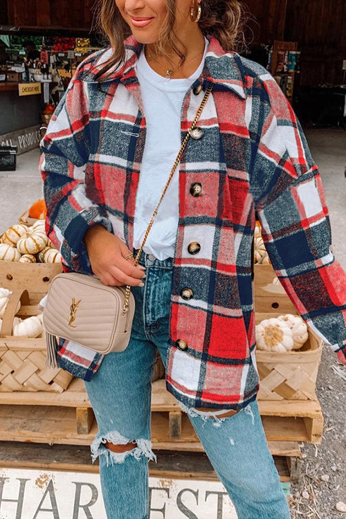Drop Shoulder Button Up Plaid Shirt Coat Red
