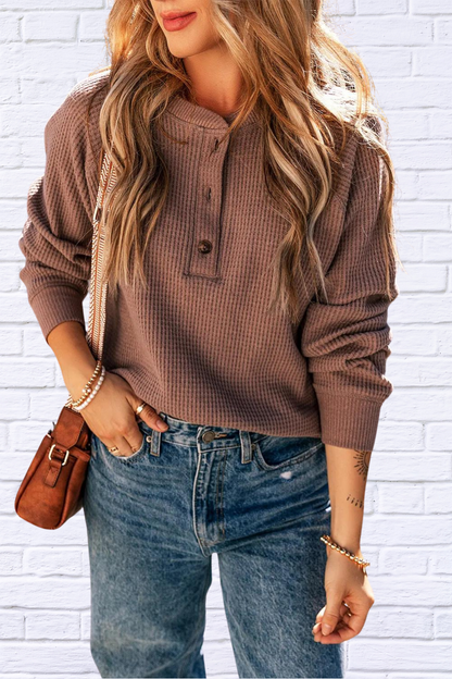 Waffle-Knit Round Neck Long Sleeve Blouse Brown