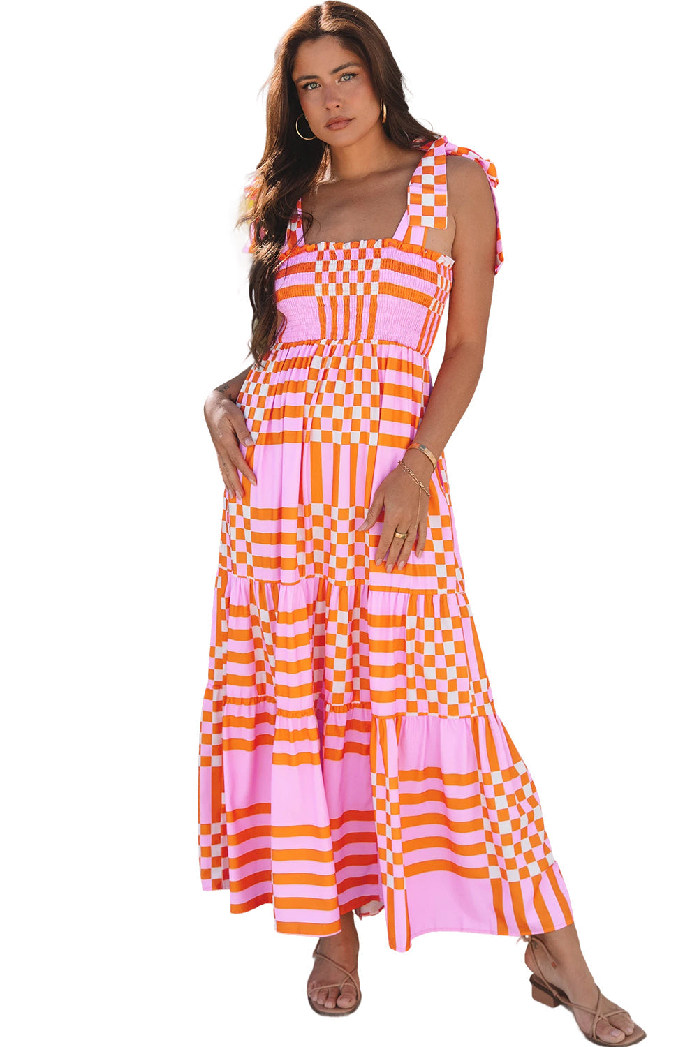 Pink Boho Gingham Tied Straps Smocked Maxi Dress