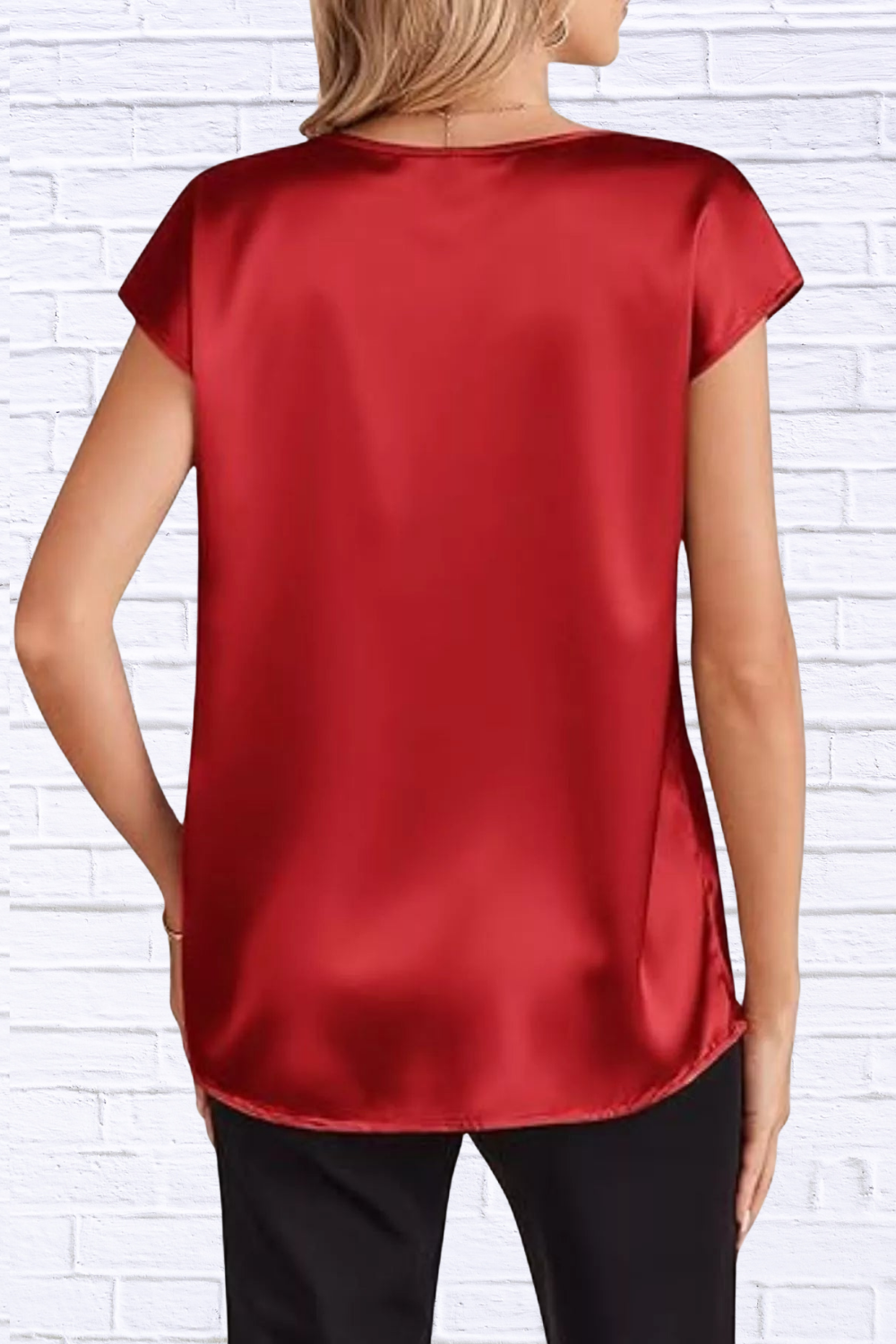 Satin V-Neck Short Sleeve Blouse