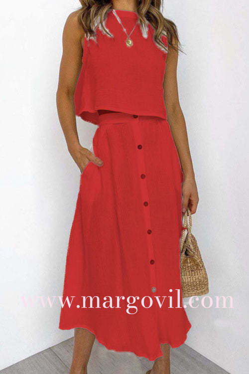 Sleeveless Crop Top and Button Down Skirt Cotton Linen Two Pieces