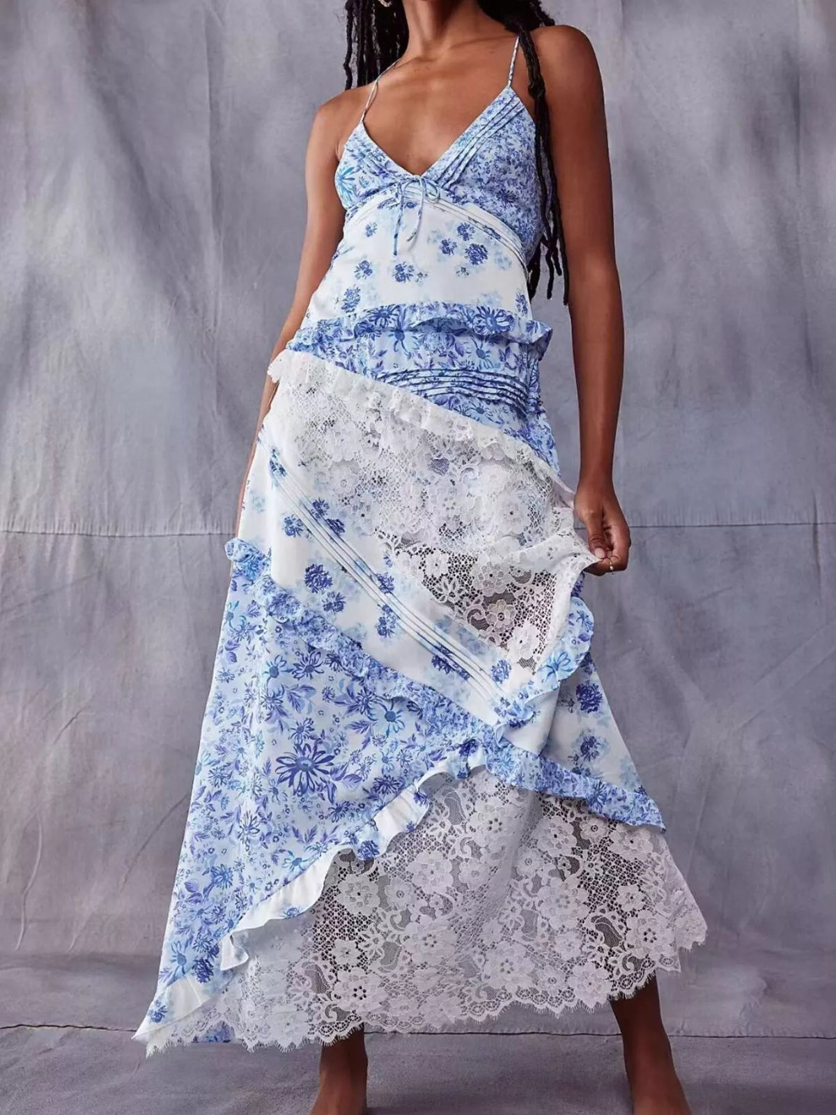 Lace Detail Ruffled Floral V-Neck Maxi Dress