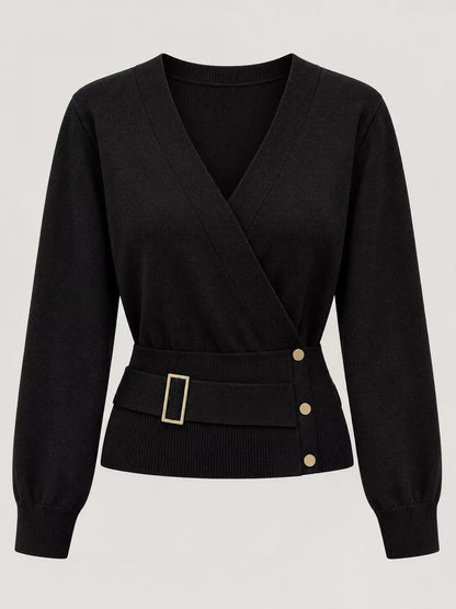 Surplice Elastic Waist Long Sleeve Knit Top