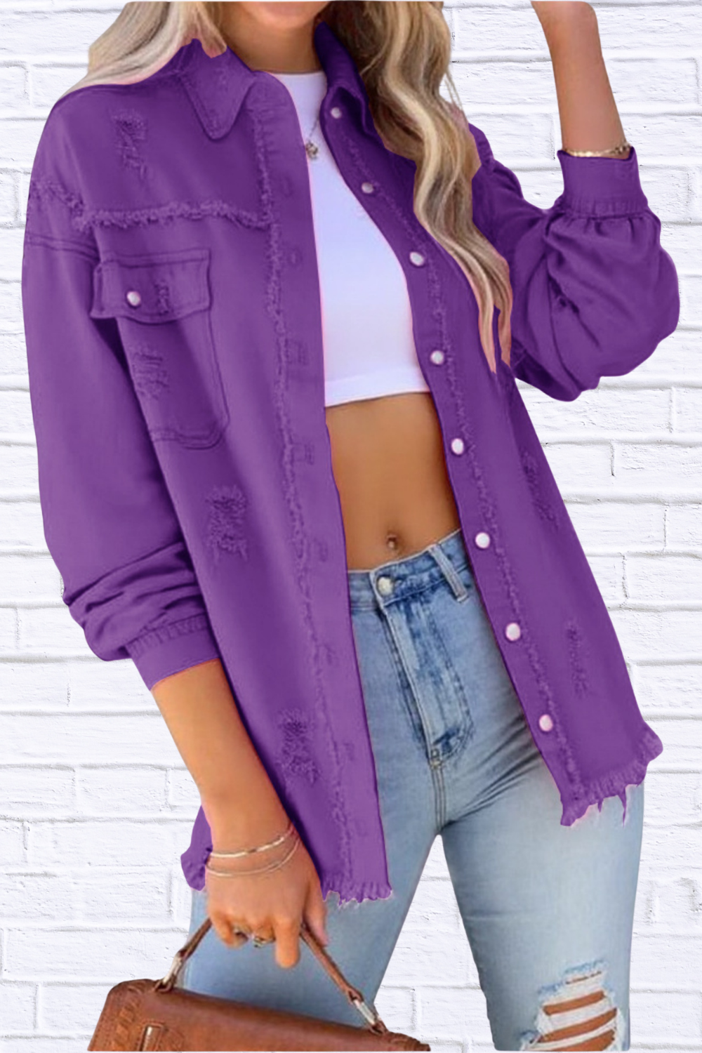 Distressed Denim Jacket with Frayed Edges Dark Purple