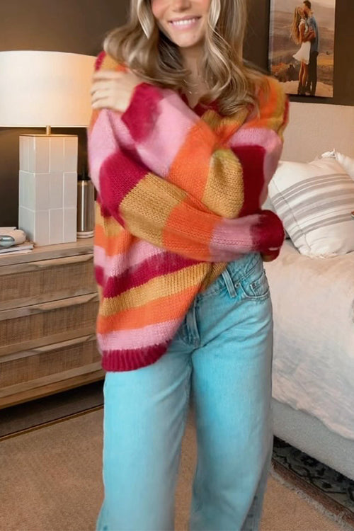 V Neck Rainbow Striped Casual Pullover Sweater