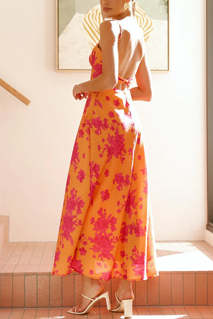 Spaghetti Strap Twist Backless Floral Print Maxi Dress