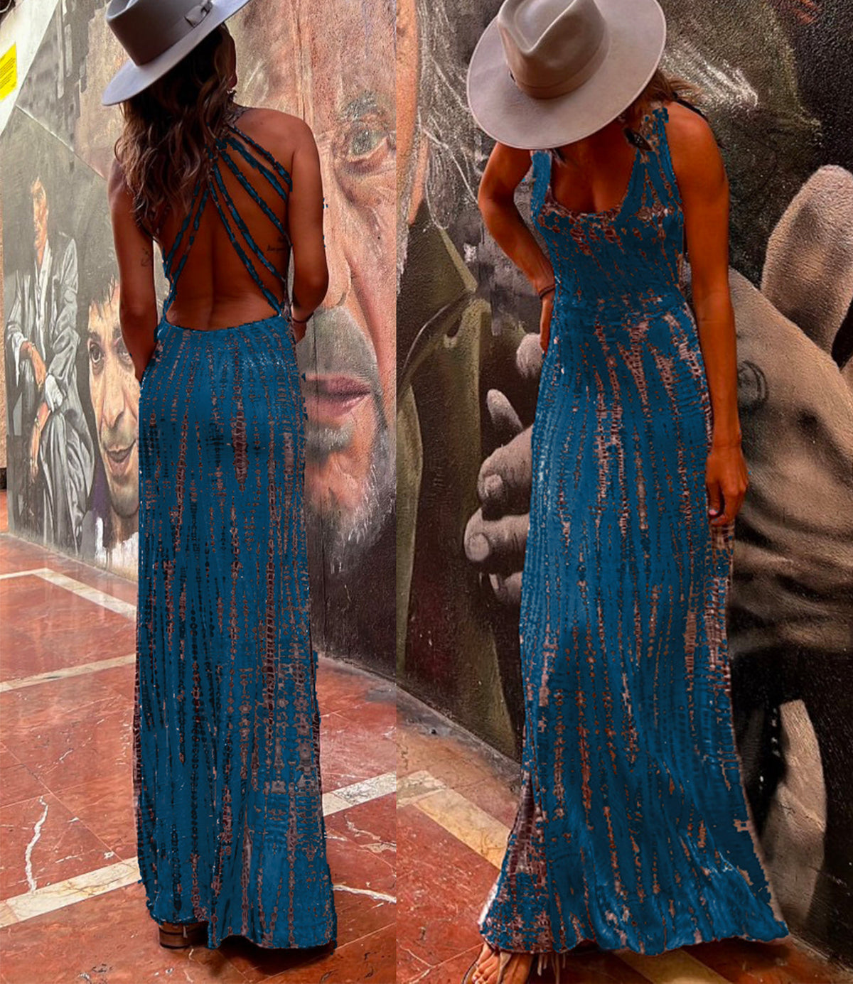 Criss Cross Open Back Tie Dye Maxi Dress DarkBlue