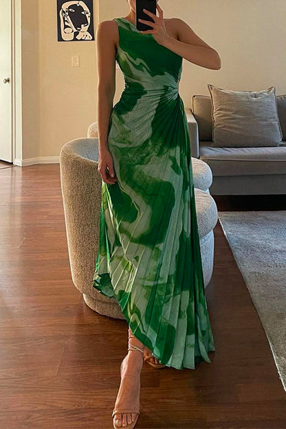 Printed One Shoulder Cut Out Pleated Maxi Dress