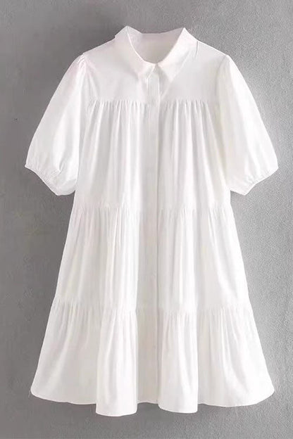 Puff Sleeves Button Down Ruffle Tiered Mini Shirt Dress