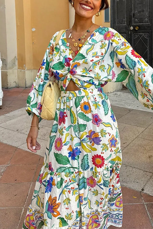 3/4 Sleeves Twist Front Floral Print Tiered Maxi Dress
