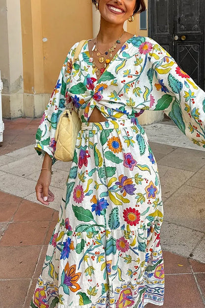 3/4 Sleeves Twist Front Floral Print Tiered Maxi Dress