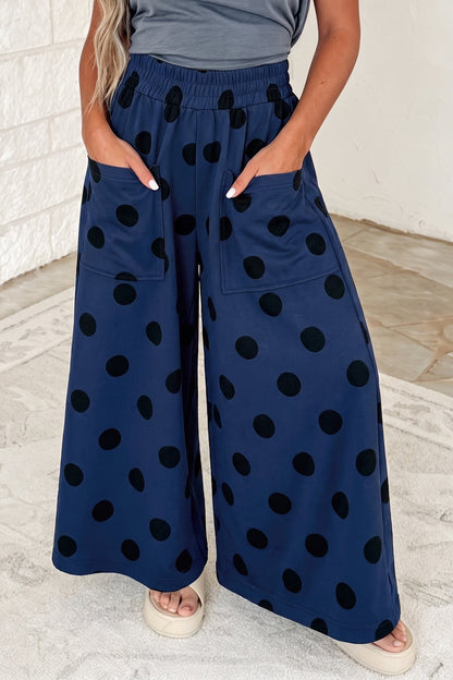 Sail Blue Polka Dot Wide Leg Elastic Waist Casual Pants