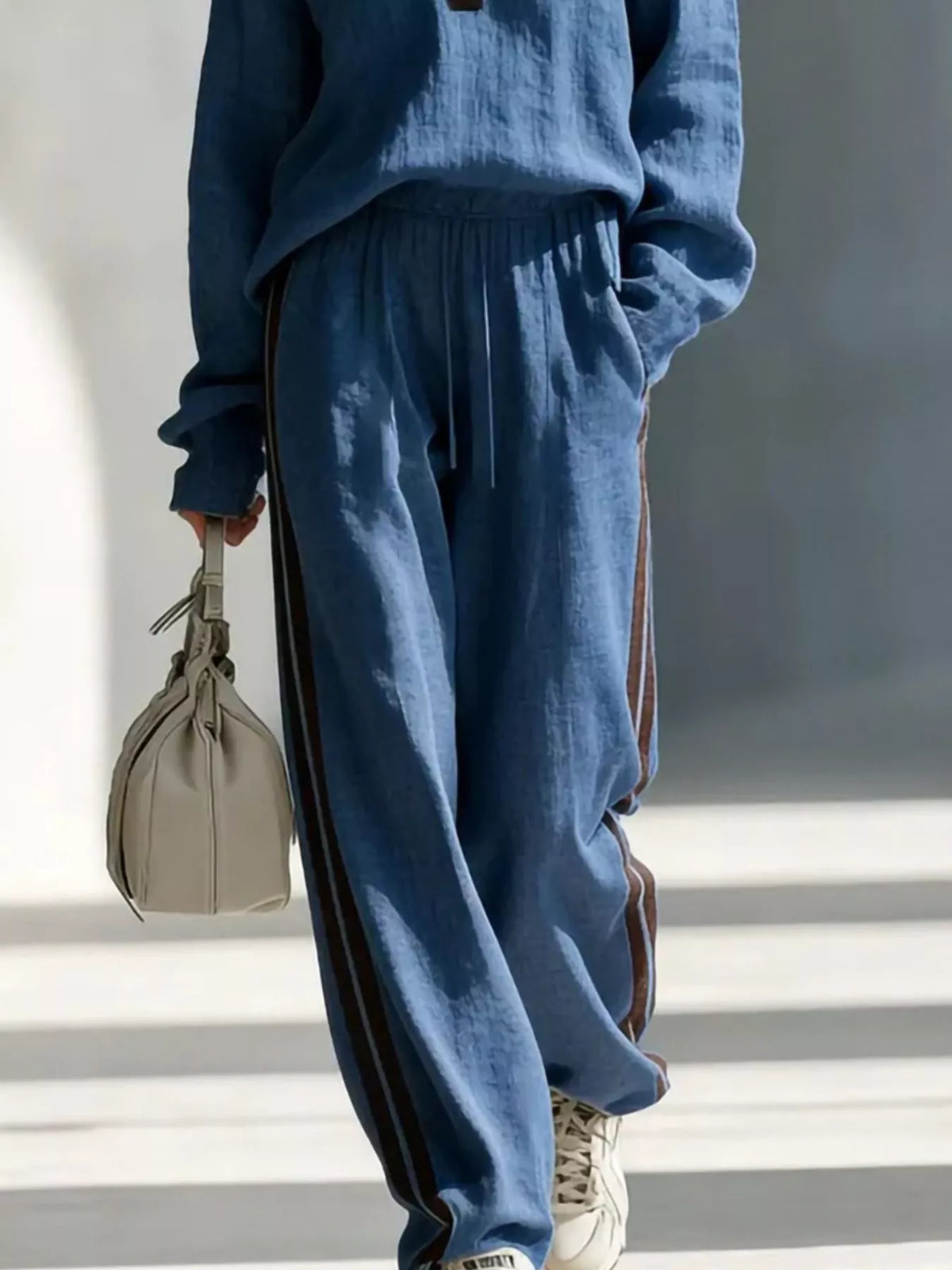 Contrast V-Neck Top and Striped Pants Set | Diva USA