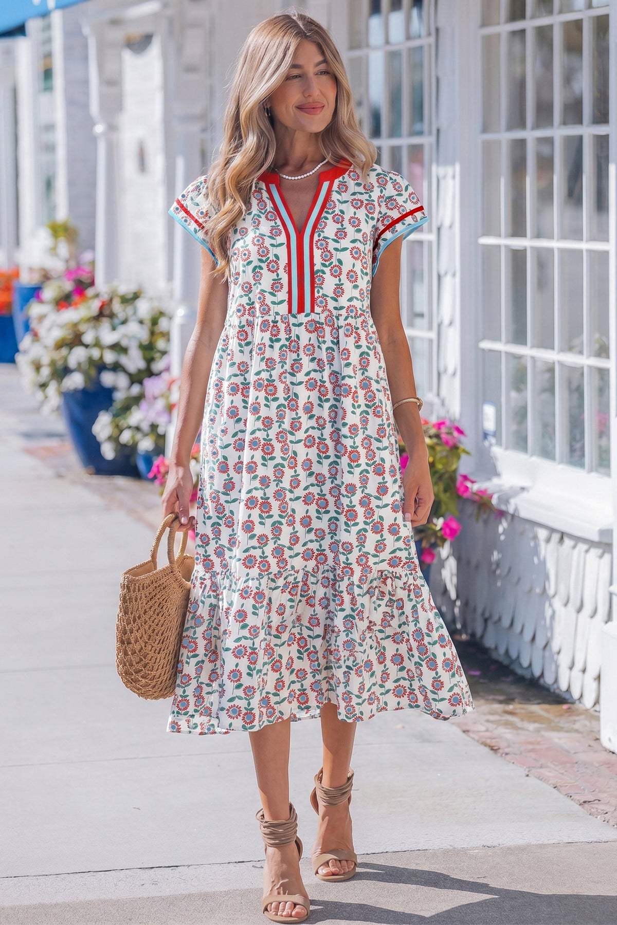Sky Blue Cute Sunflower Printed Striped Patchwork Trim Flutter Sleeve Long Dress