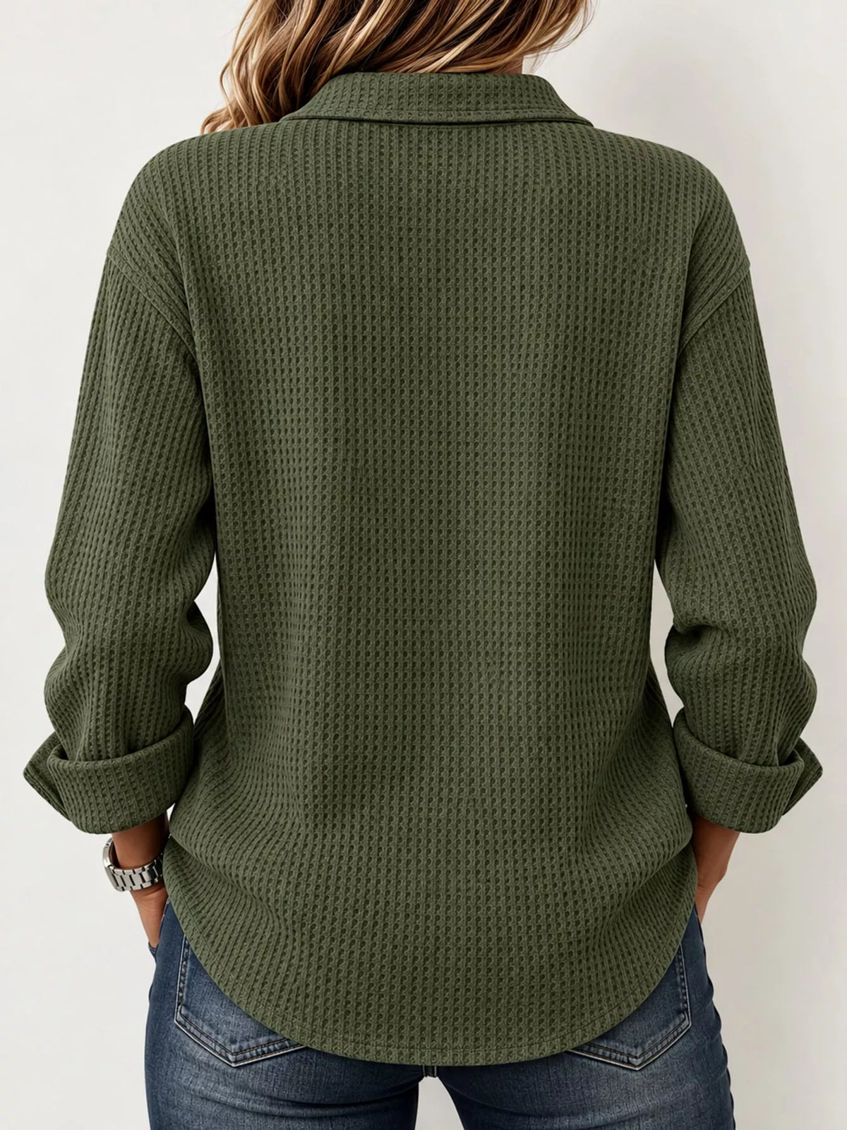 Full Size Waffle Knit Long Sleeve Polo Top Plus Size