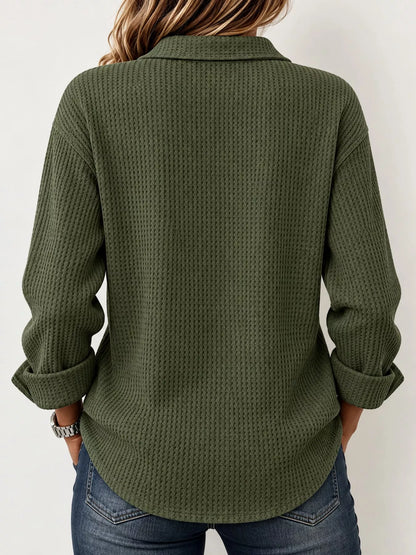Full Size Waffle Knit Long Sleeve Polo Top Plus Size