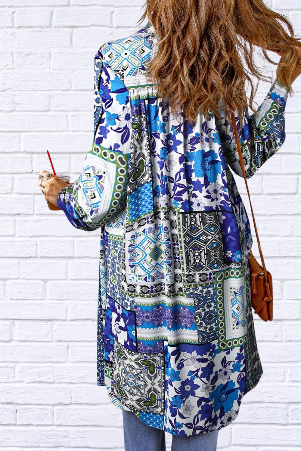 Printed Button Up Long Sleeve Top Royal Blue