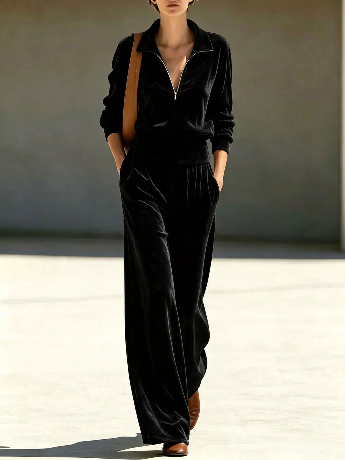 Full Size Quarter-Zip Top and Wide-Leg Pants Set Plus Size