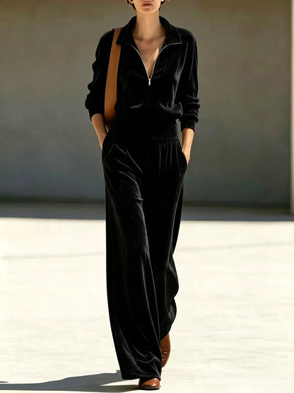 Full Size Quarter-Zip Top and Wide-Leg Pants Set Plus Size