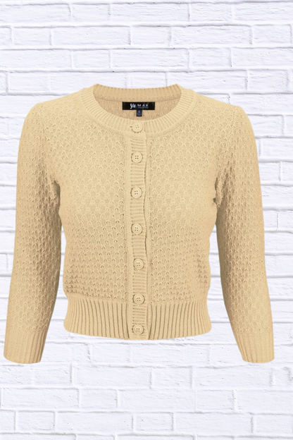 3/4 Sleeve Cute Pattern Cropped Cardigan Sweater Taupe