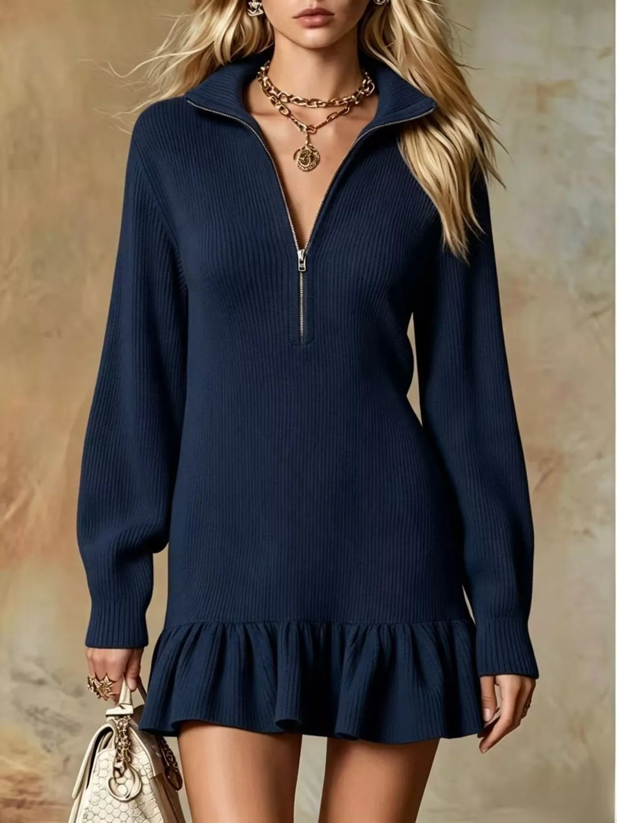 Full Size Half Zip Ruffled Hem Dress Plus Size