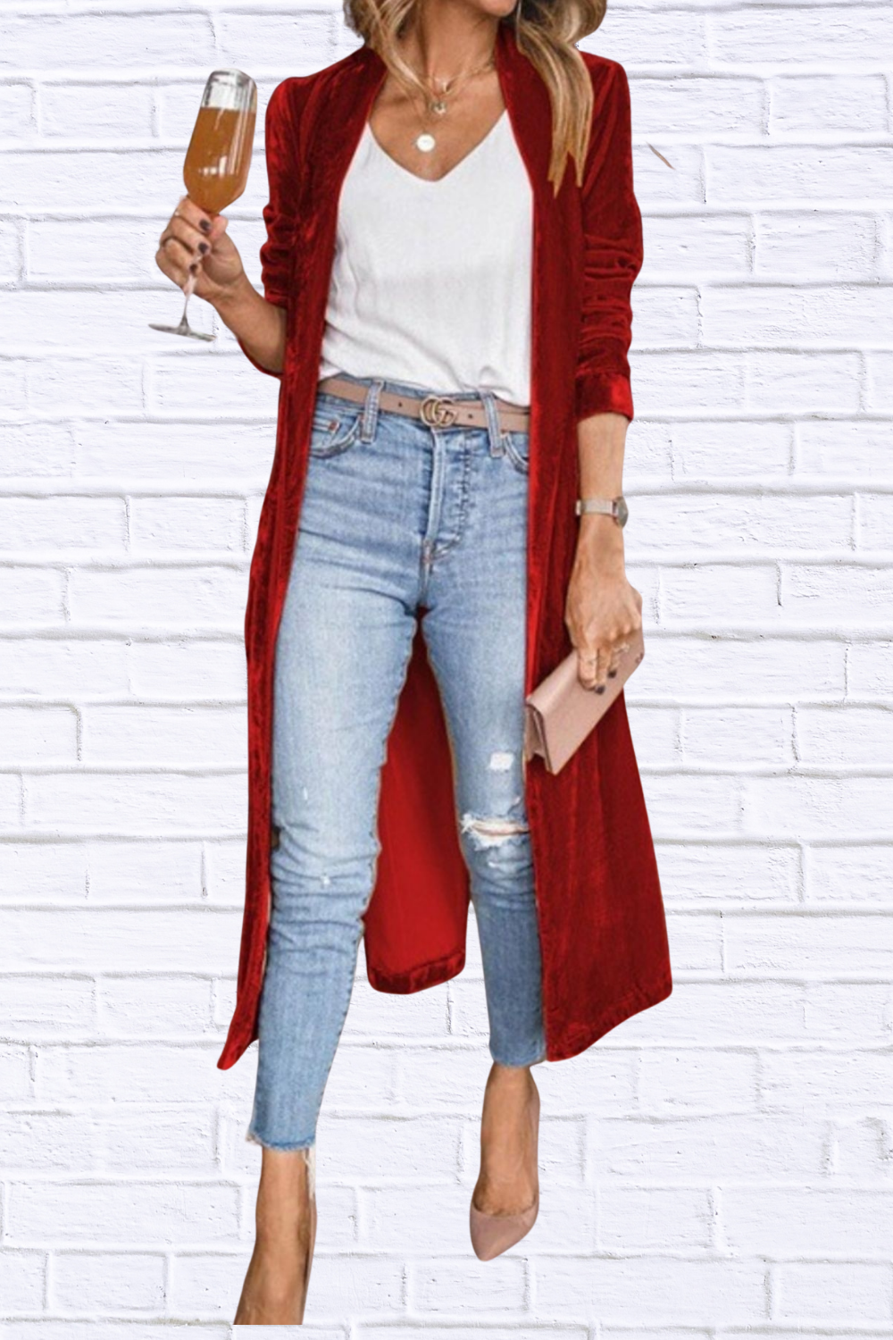 Open Front Long Sleeve Longline Cardigan Red