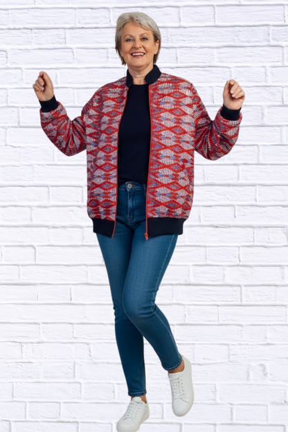 Maddy Traditional Bomber Printed Ethnic Jacket - Bold Prints | Diva USA 40 Red and Blue