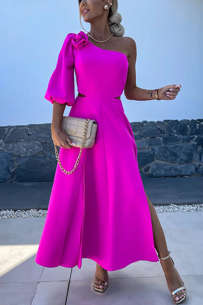 3D Rose One Shoulder Cut Out Waist Slit Midi Satin Dress